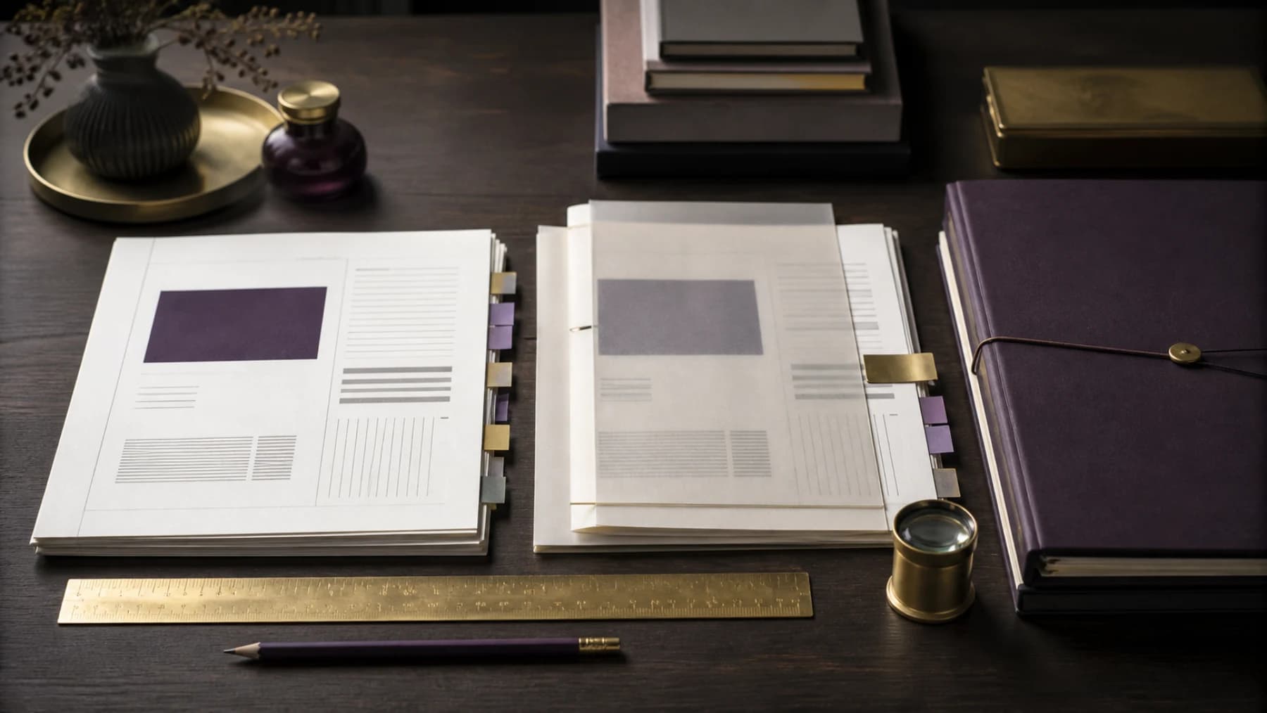 Documents and review materials arranged for a precise quality-assurance process