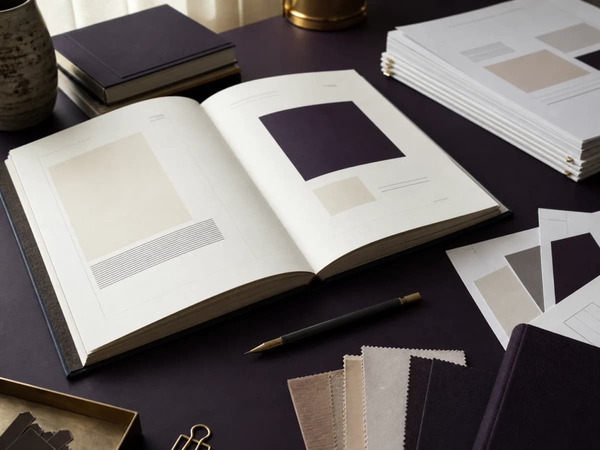 Executive report layouts and editorial materials on a content development desk