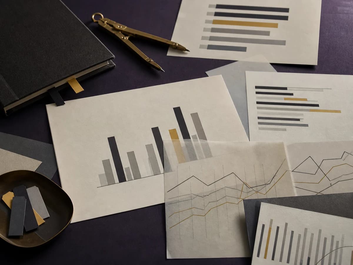 Printed charts and research materials arranged for structured analysis