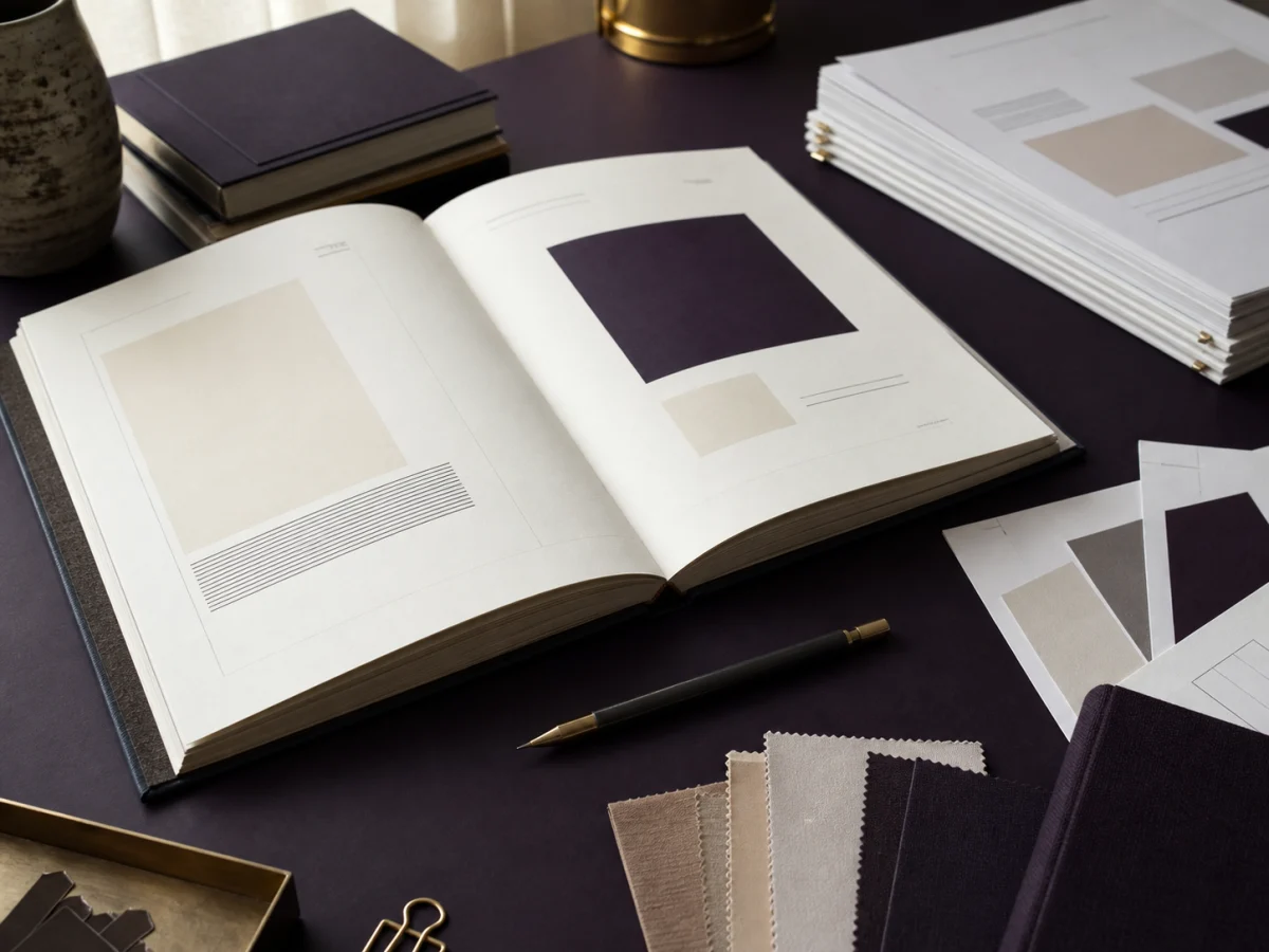 Executive report layouts and editorial materials on a content development desk