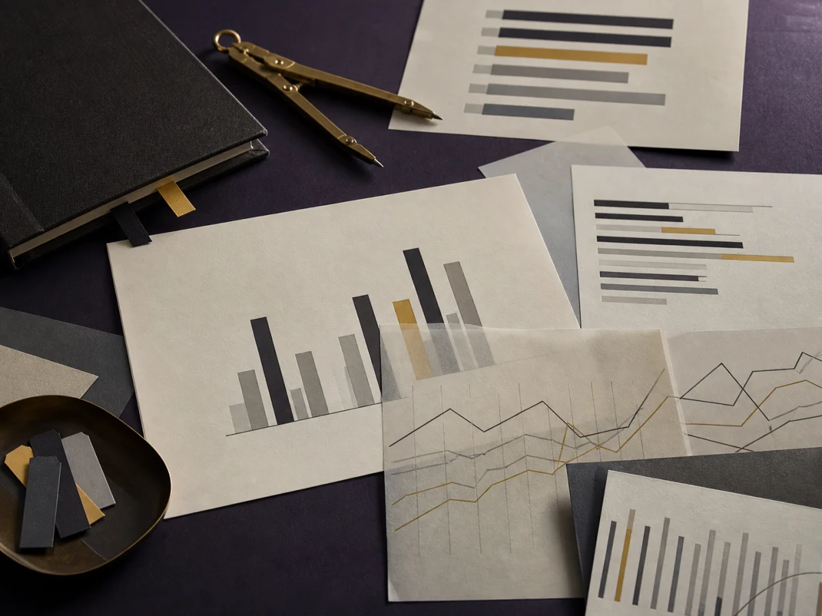 Printed charts and research materials arranged for structured analysis